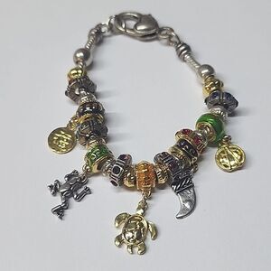 European Style Charm Bracelet Full of Charms Two Stopper Beads Turtle Frog